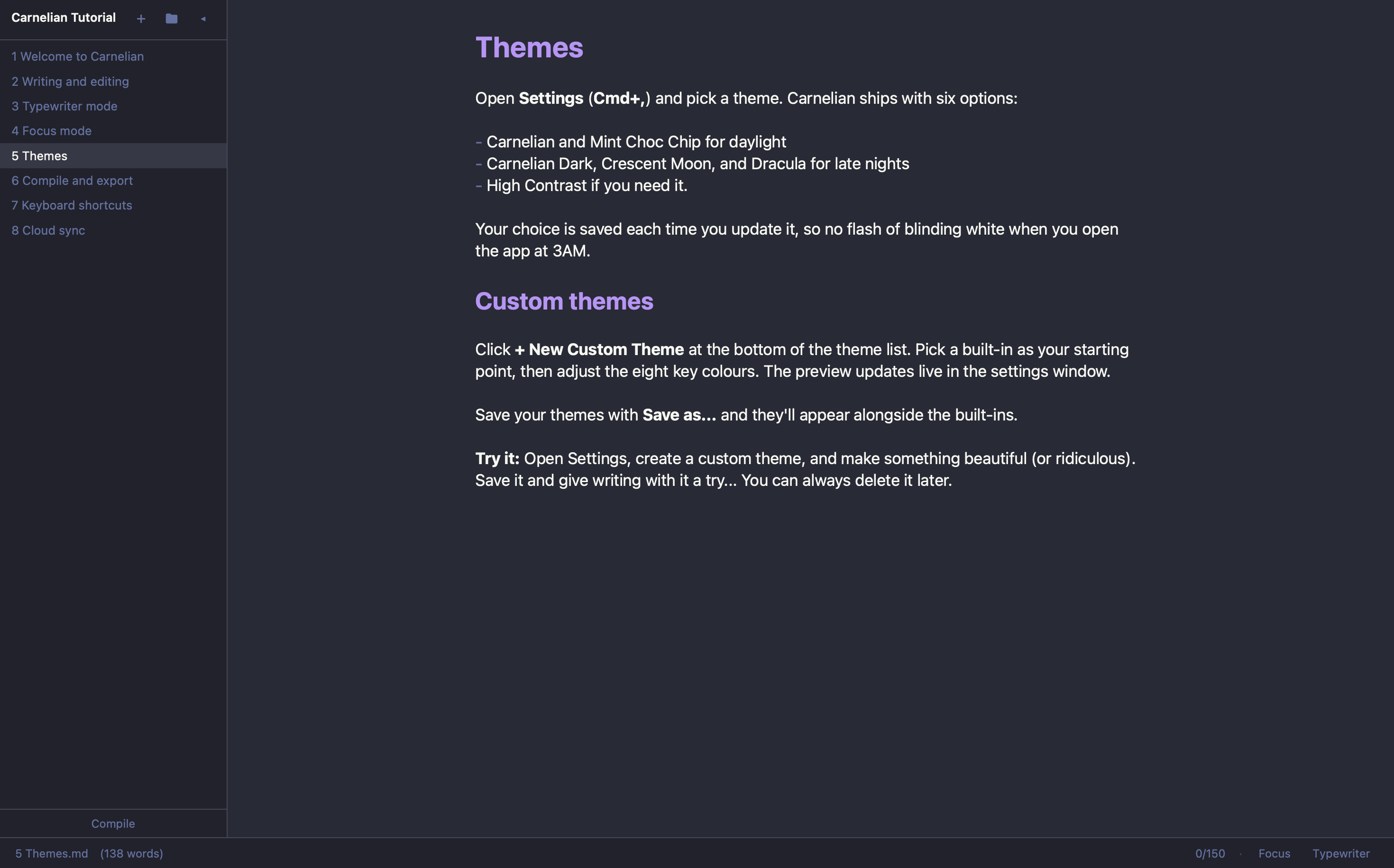 Carnelian's theme settings with custom colour options
